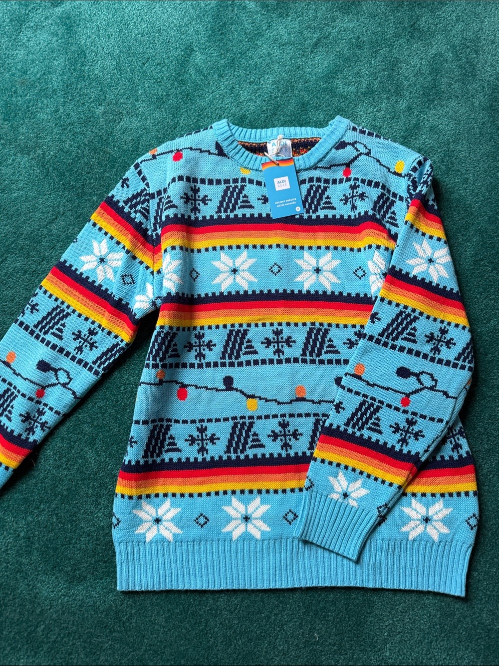 ALDI Light Blue Holiday Knit Sweater with Multicolor Stripes